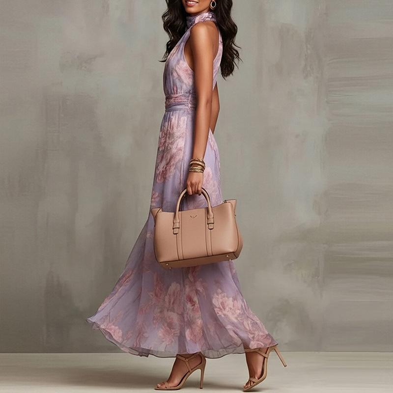 Retro Fashion Maxi Dress Summer Sleeveless Simple Print Ruffled Dresses Streetwear for Women's Clothing Holiday Party