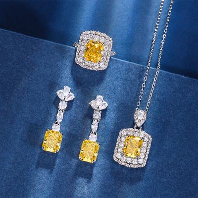 Jesienna i zimowa biżuteria Diament wysokowęglowy Szlif Ice Flower Miedź Inkrustowana Żółty Diament Zestaw Kostka Cukru Damski Kamień Główny 8 * 10