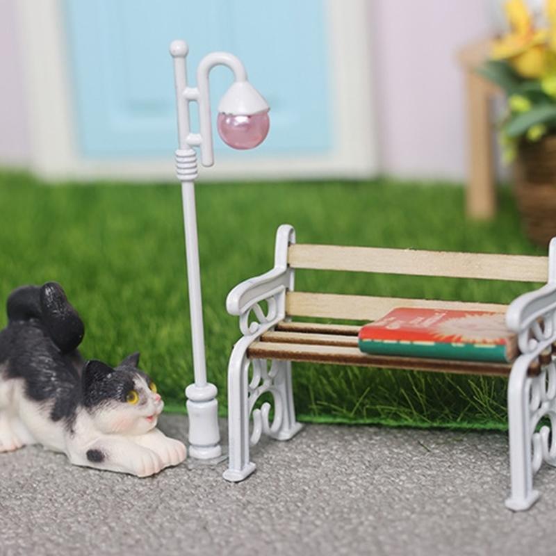 2 Teile/Satz 1:12 Puppenhaus Miniatur Holz Parkbank Straßenlaterne Anzug Fee Garten Ornamente Gartenmöbel Modell Dekor Spielzeug