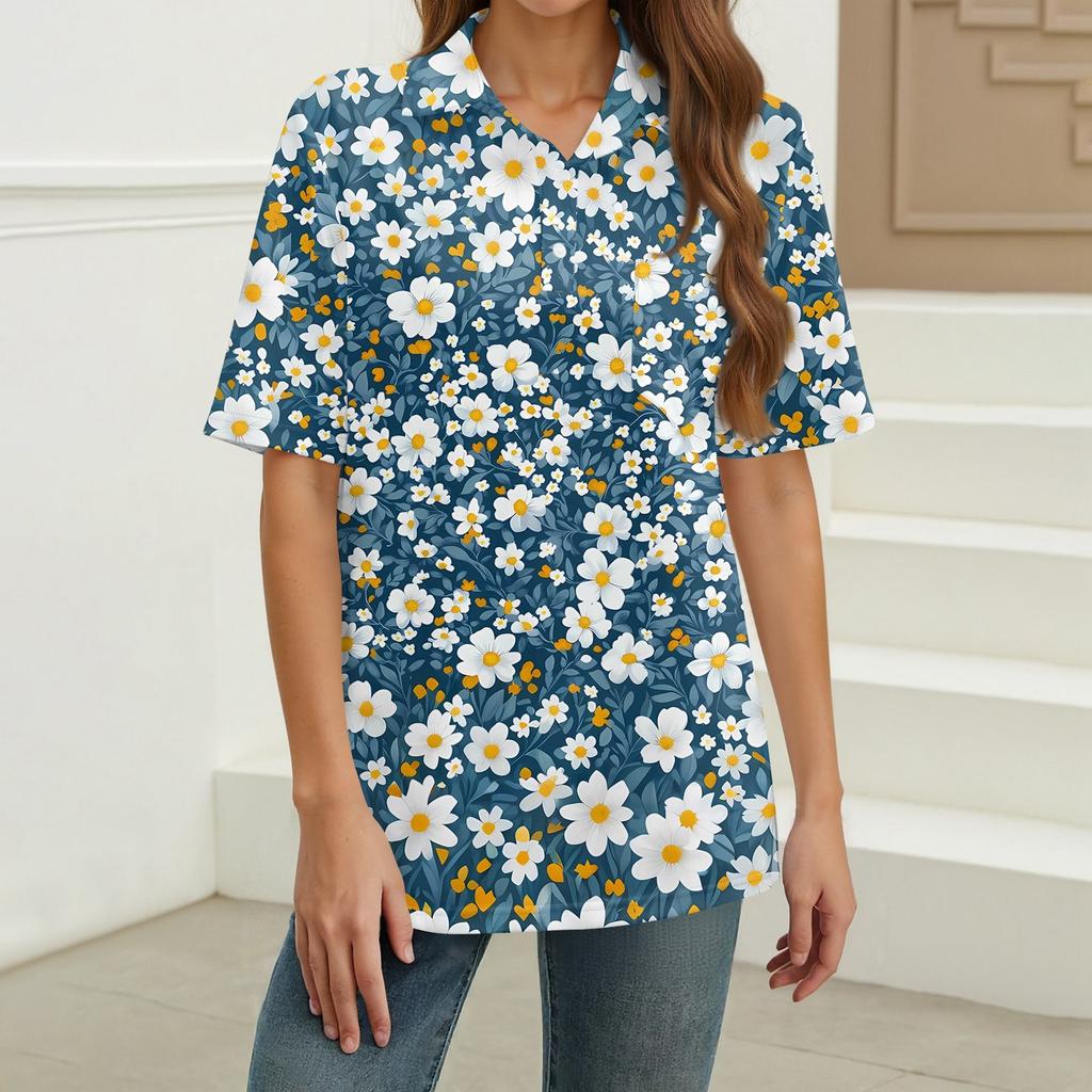 Damenmode Lässig Knopf Tasche Hemd Kurze Ärmel Druck Revers Oberteil