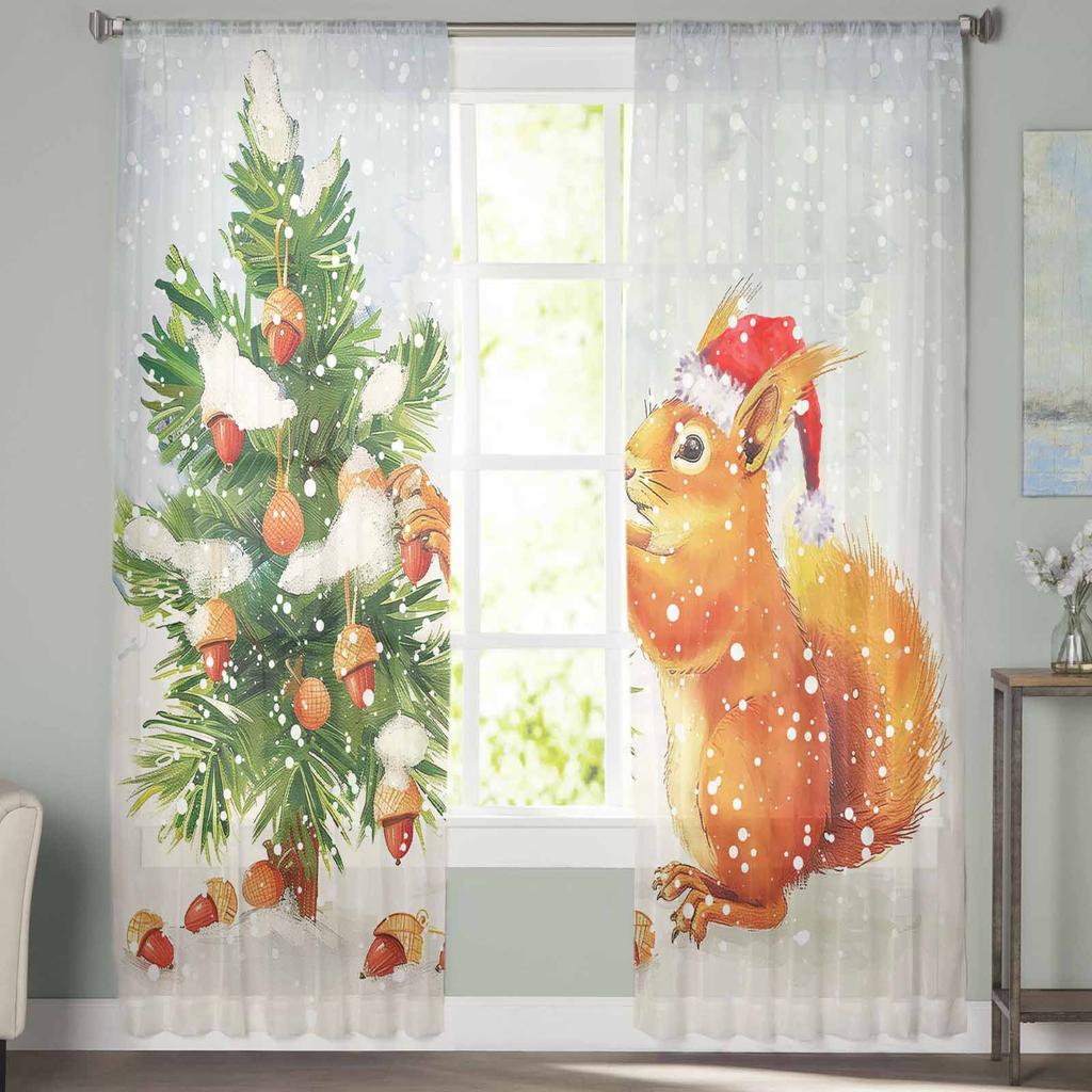 Christmas Tree Squirrel Snowflake Watercolor Sheer Curtains Modern Gauze Curtain for Living Room Bedroom Voile Yarn Curtains
