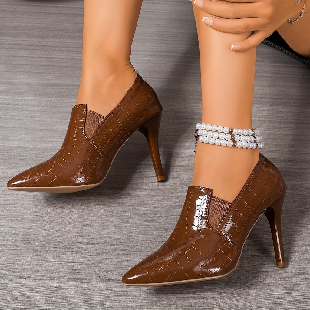 Jesienno-zimowe czarne buty na wysokim obcasie z czubkiem i wzorem kamienia, na smukłym obcasie, zaprojektowane dla unikalnego i eleganckiego stylu, wygodne dla kobiet.