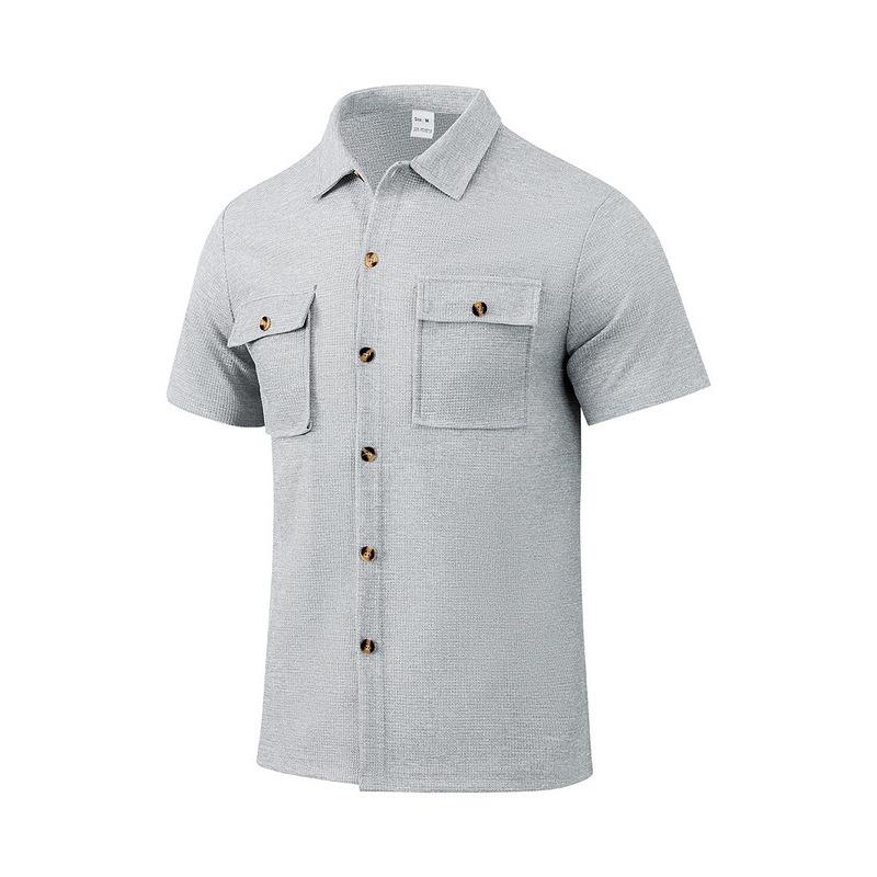 Summer European and American men's waffle short-sleeved casual solid color lapel button-up pocket tooling shirt
