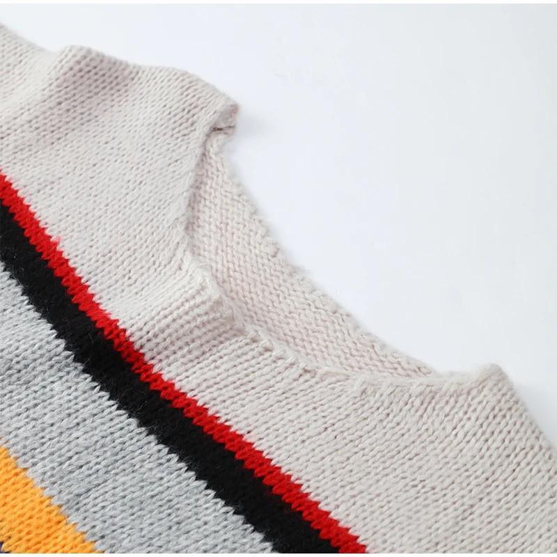 Color Block Striped Loose Knit Sweater Womens Casual Long Sleeve Rainbow Pullover