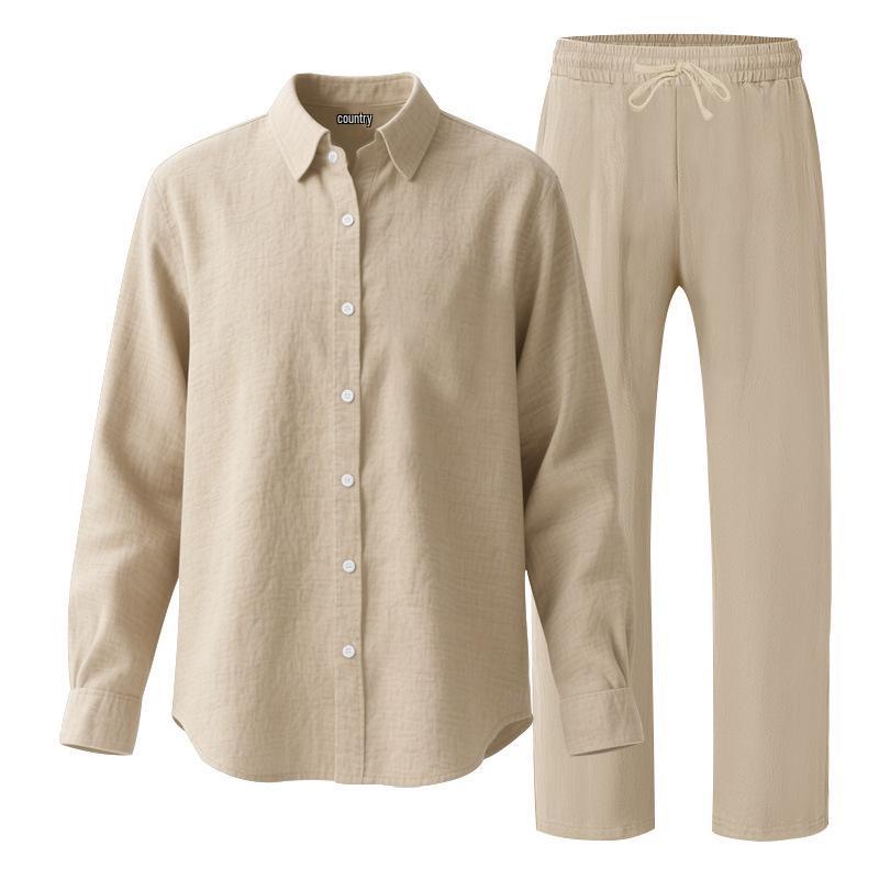 European & American Men's Breathable Cotton Linen Long Sleeve Shirt & Trousers Set