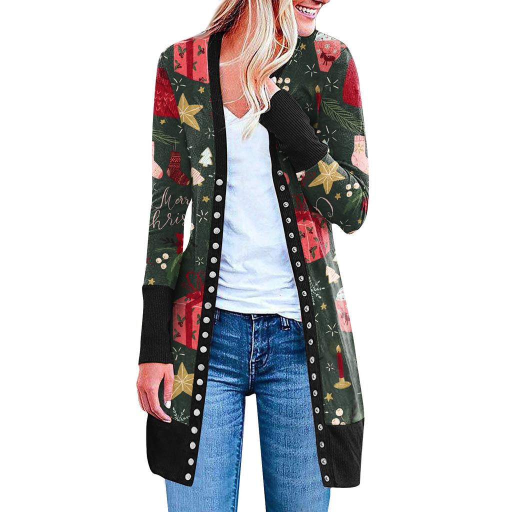 Dames Casual Lange Mouw Voorvest Gradueel Kerst Bedrukte Top Lichtgewicht Jas