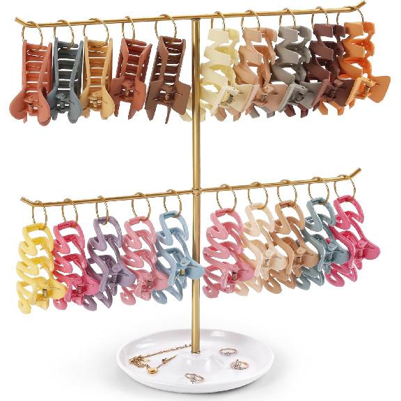 Metal Claw Clip Organizer, 2-Tier Hair Clip Holder Stand with Tray, Hair Clip Storage Display Rack with 20 Golden Rings, Hair Accessories Organizer Gold-B