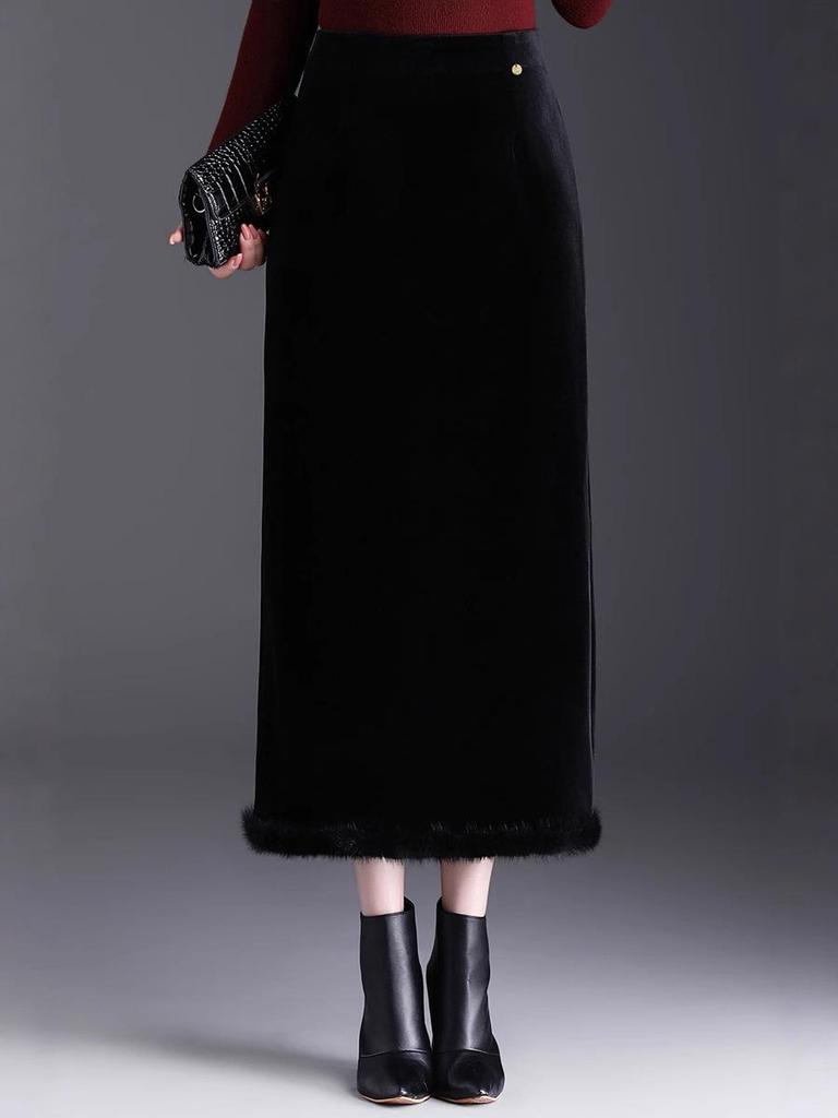 Velvet High-Waist Slit Pencil Skirt - 2025 Winter Collection