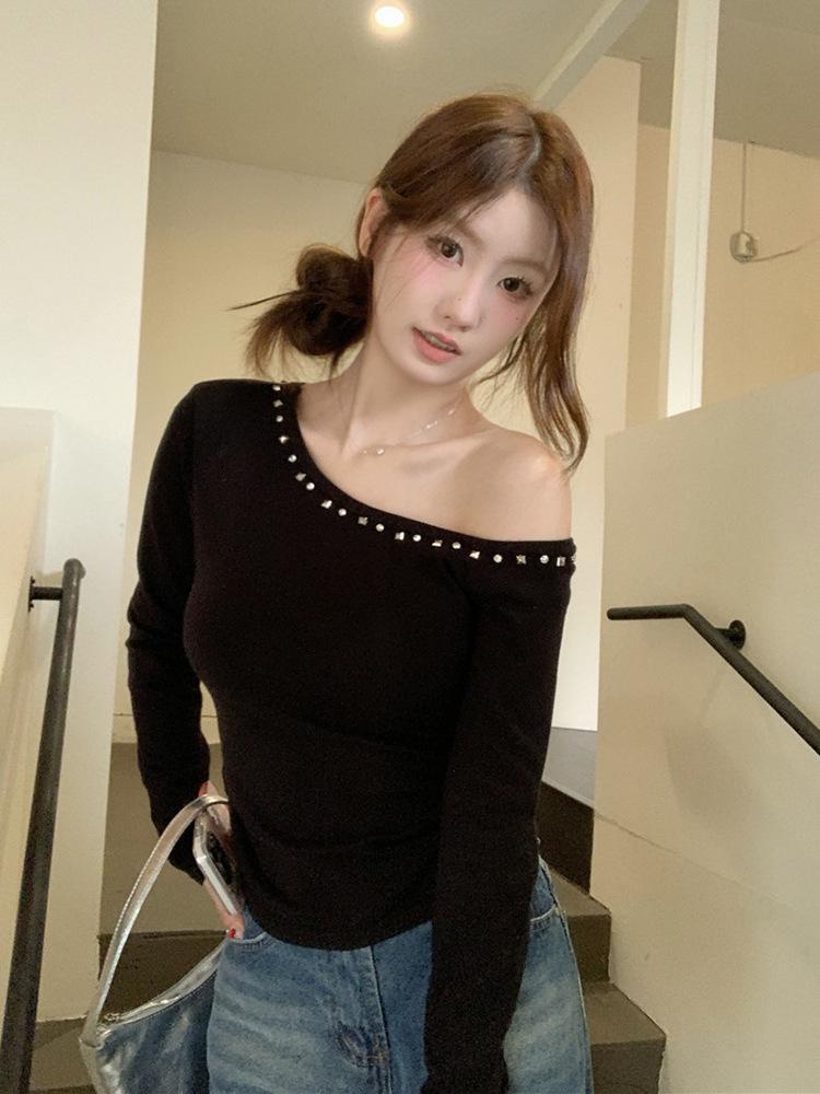 American Sweet Spicy Chic One-Shoulder White Top for Women - Early Autumn Slim Fit