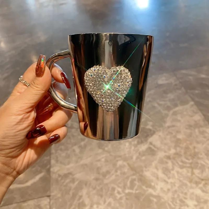 Diamond Studded Heart Shaped Water Cup Coffee Mug With Rhinestone Double Wall 304 Stainless Steel Cup 300ml Portable Mug Travel Tumbler Milk