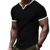 2024 Tricou cu mânecă scurtă în carouri, cu decolteu în V, la modă, pentru bărbați