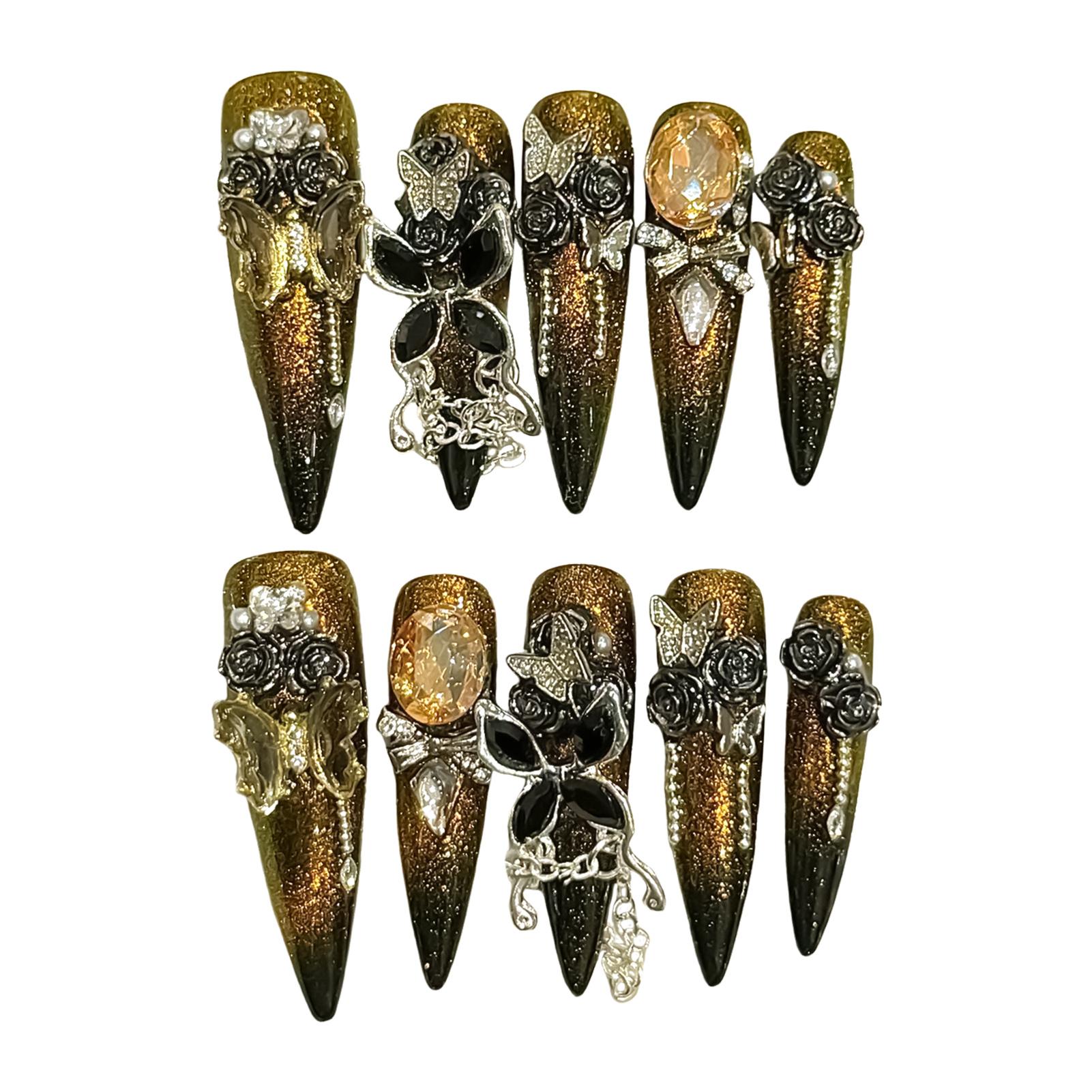 10Pcs Long Pointed Black Gold Butterfly Rhinestone Cat Eye Gothic Style Handmade Fake Nails for Fashion Lovers M прозрачный