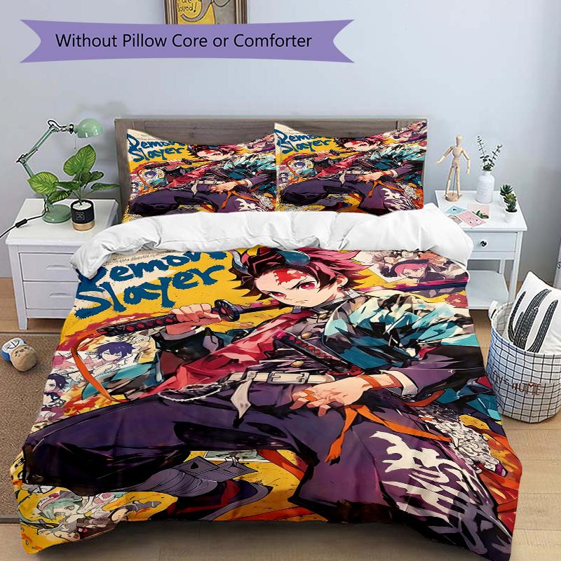 

3pcs Demon Slayer Quilt Cover Set (1 Quilt Cover + 2 Pillowcases Without Pillow Core), High-Definition Printing for Home and Dormitory.C031 135x200cm