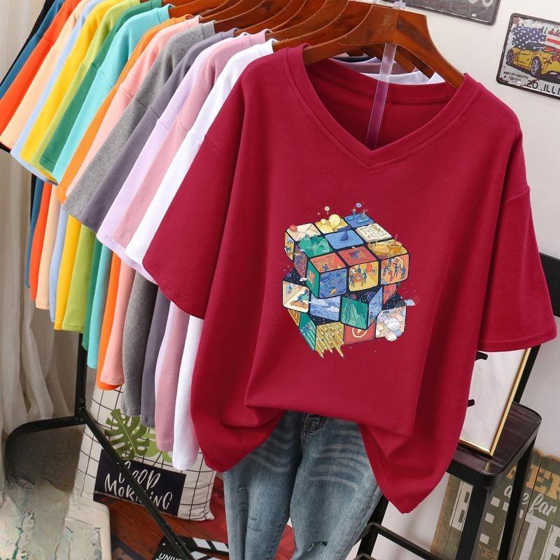 Short-sleeved T-shirt for Women, Large Size, Loose and Slimming, Printed V-neck Top