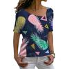 Ladies Fashion Casual Loose Pullovers Tee Shirts Summer 3d Pineapple Printed Women's Short Sleeves V-Neck Diagonal Collar Tops
