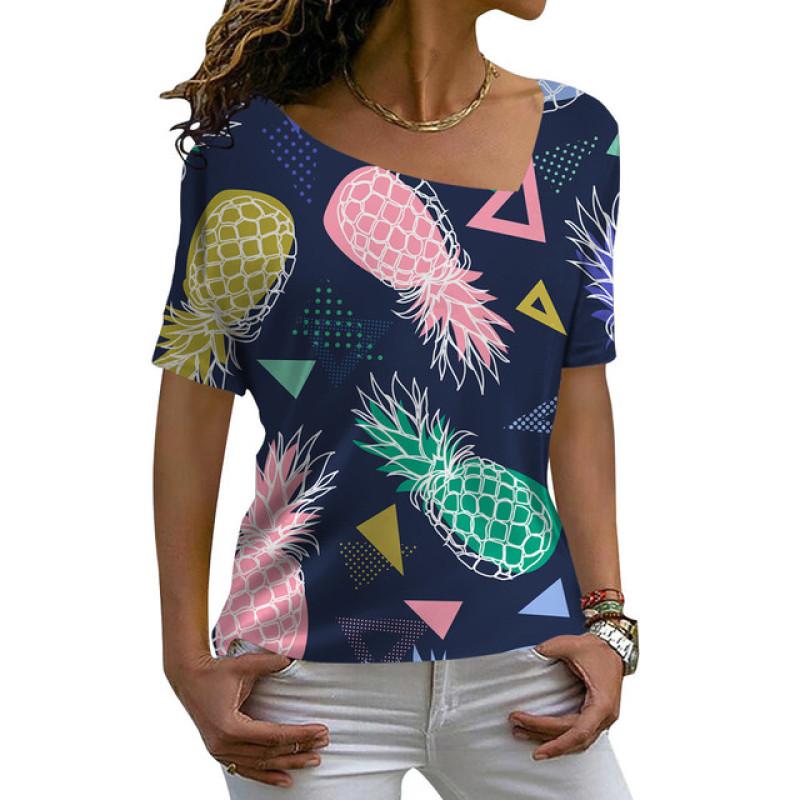 Ladies Fashion Casual Loose Pullovers Tee Shirts Summer 3d Pineapple Printed Women's Short Sleeves V-Neck Diagonal Collar Tops