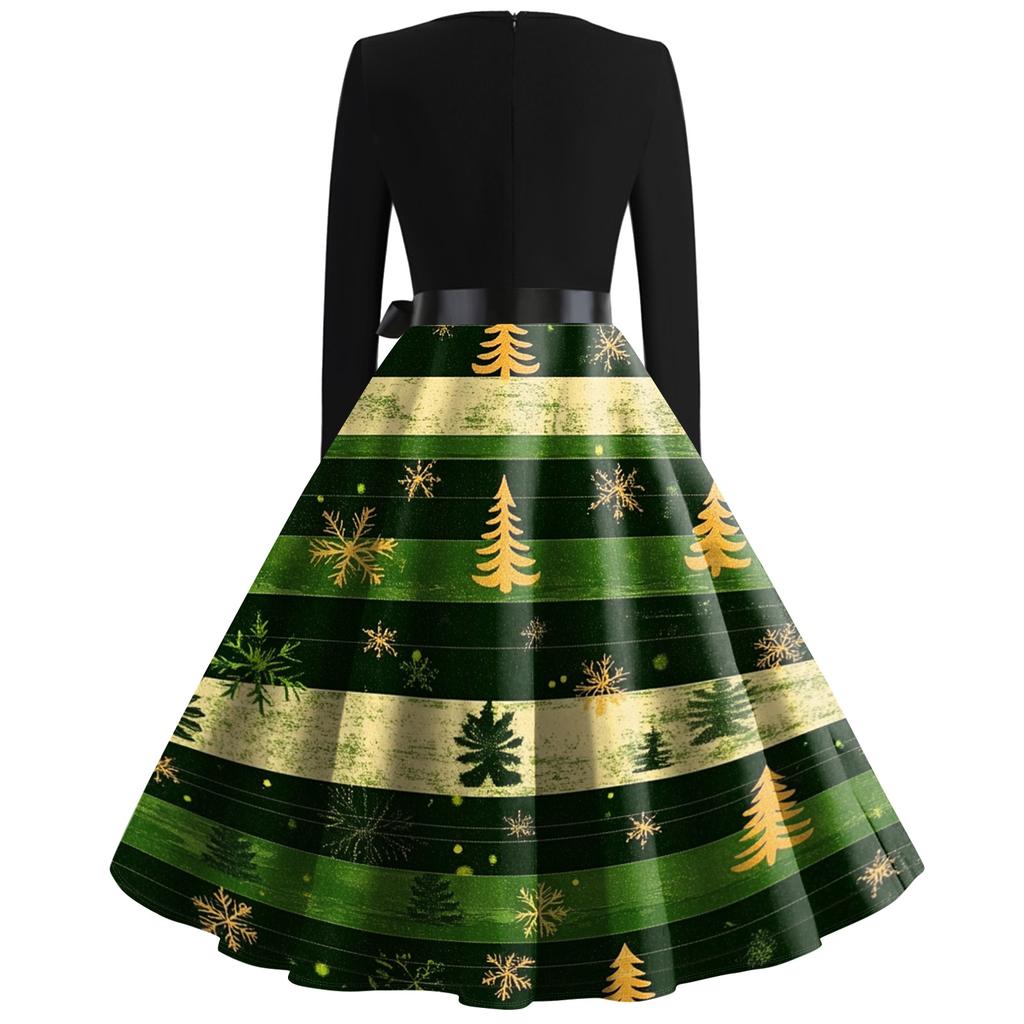 Női Divat Kerek Alkalmi Karcsúsított Karácsonyi Mintás Nagy Lengésű Hosszú Ujjú Ruha