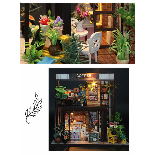 Moin Moin Dollhouse Miniature DIY Kit Set: Coffee Shop with Plants | Two-Story Modern | Medium | LED Light + Acrylic Case (Product Code: 2008DH193)