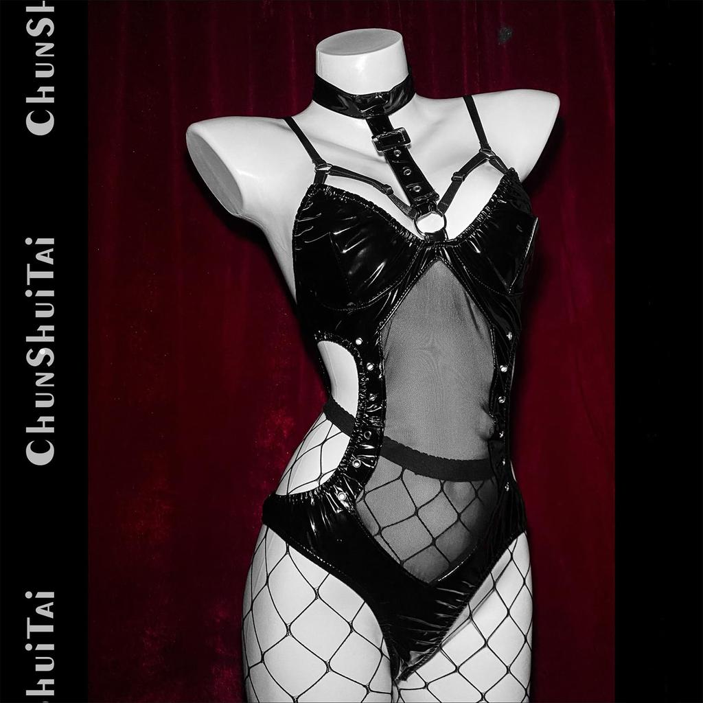 Cosplay Sexy Erotic Extreme Lingerie School Swimsuit Small Breasts Erotic Leotard High Leg SM PU Leather Restraint Bondage Moe Devil Temptation