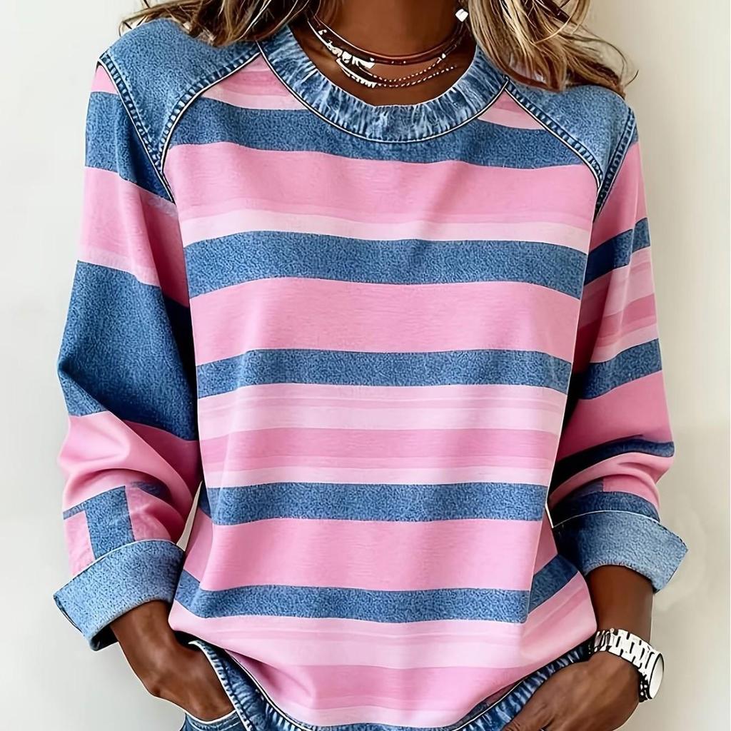 Damen 2026 CrossTEMU Gestreiftes Patchwork Rundhals Freizeit-Sweatshirt