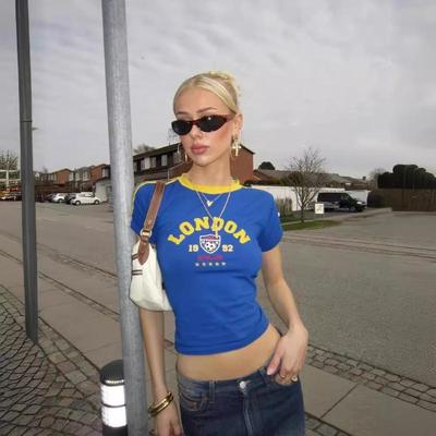European and American Printed Women's Solid Color Short Top Slim Fitting T-shirt for Women
