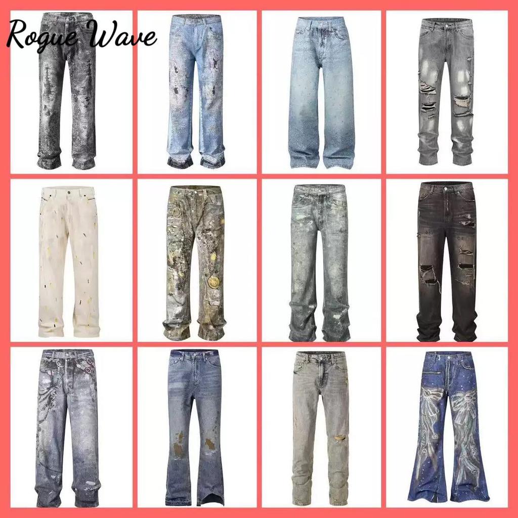 RogueWave High Street Straight Washed Dirty Ripped Blue Jeans Pants for Men Vintage Casual Loose Denim Trousers Frayed Patchwork Cargos