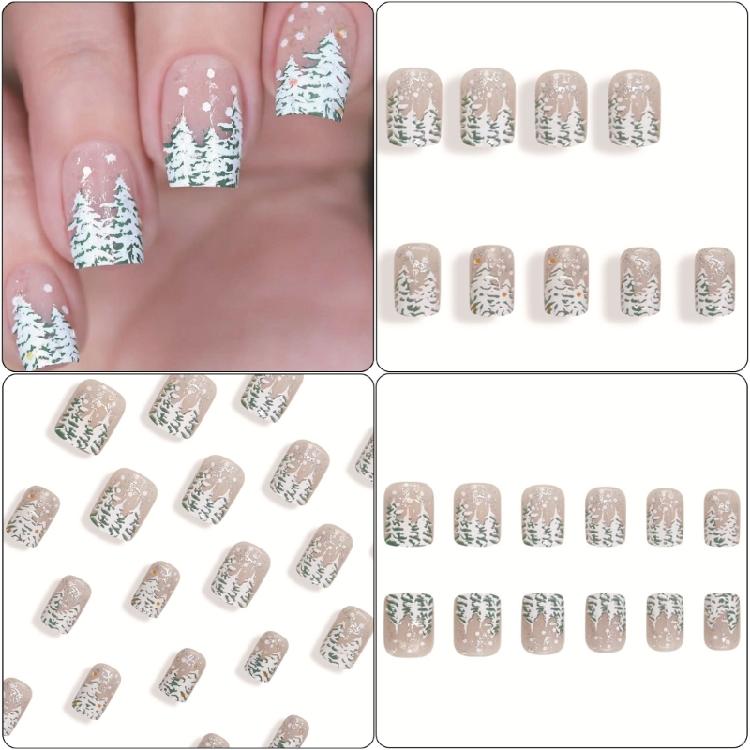 24 Pcs/Set Christmas Tree Artificial Nail False Nail French Snowflake Full Cover Stick on Nail Press On Nail