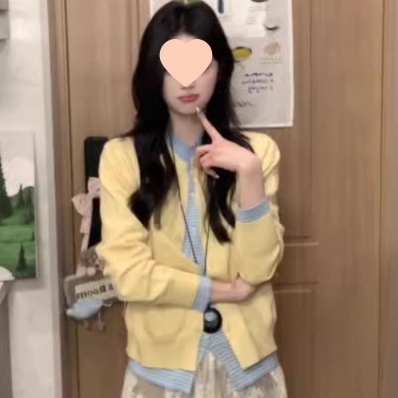 Lazy sweater women's coat autumn clothing contrasting color splicing knitted sweater cardigan college style fake two-piece women's top