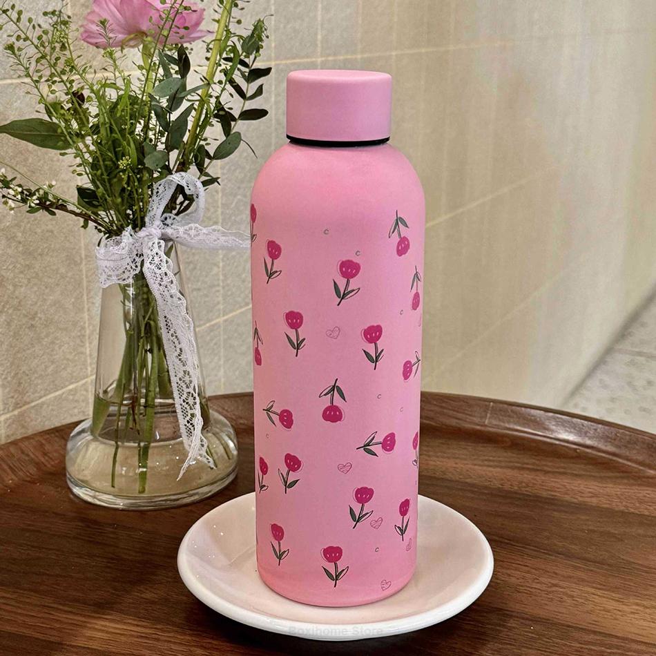 

Original Cute Flower Tulip Thermos Bottle 304 Stainless Steel Insulation Water Cup Portable Small Mouth Keep Cold Tumbler Cup 500ml рожевий