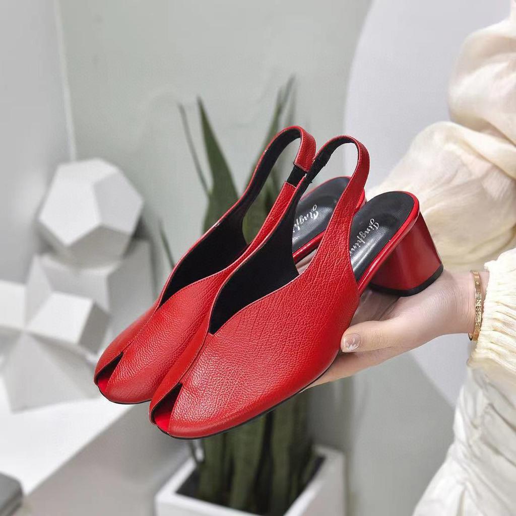 High-heeled Sandals Summer New Bag Head Empty Thick Heel Women's Shoes First Layer Cowhide Fish Mouth Fashion Shoes