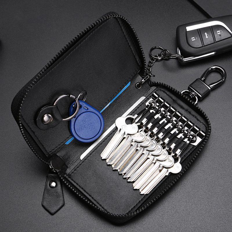 Men's Knitted Leather Car Key Pouch - Large Capacity Zipper Key Holder with Portable Keychain