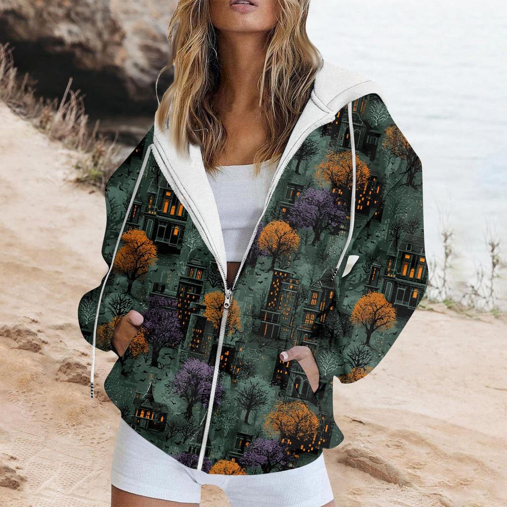 Women's Fashion Casual Halloween Printed Sweatshirt Long Sleeve With Pocket Cardigan Jacket Zipper Hoodie Coat