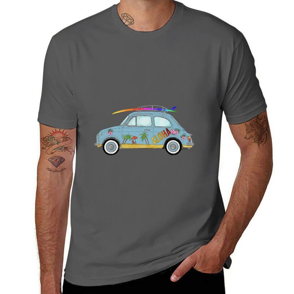 Fiat 500 with Surf Board T-Shirt Blanks Graphics Customs Heavyweight T Shirts for Men