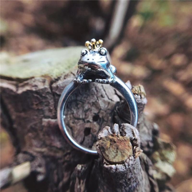 Adjustable Open Ring Men Women Sterling Crown Frog Design Vintage Artisan Jewelry