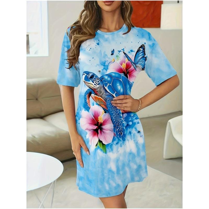 3D Print Dress 2026 Ladies Blue Turtle Print Short Sleeve Large Size T-Shirt Going Out & Home Wear Ladies Pajamas