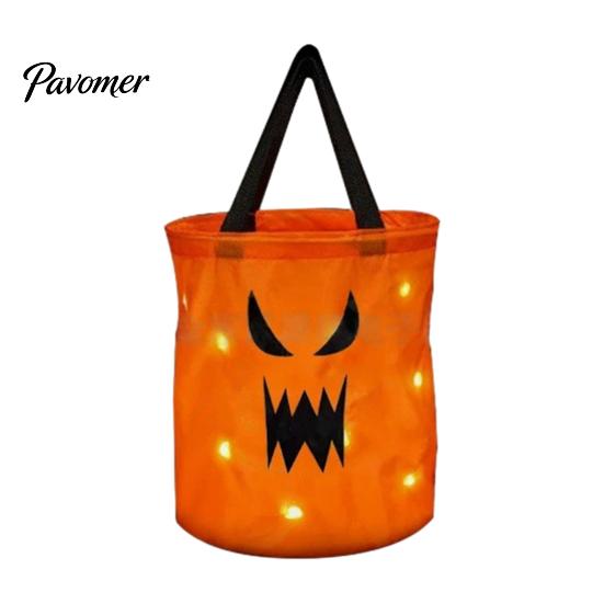 Durable Fabric Pumpkin Treat Bag Glowing Candy with LED Lights, Reusable Halloween Trick or Pail Tote for Kids, Handbag Party Favors Light Up