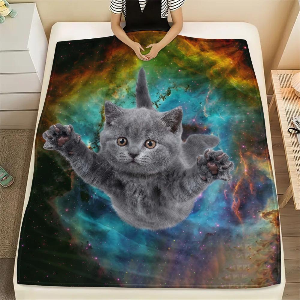 1Pc Galaxy Cat Dog Print Flannel Blanket High Quality Warm Comfortable Cover for All Seasons Perfect for Gifts Home Decor