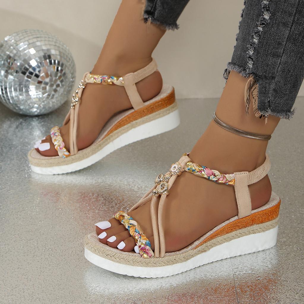 2025 Summer Women Sandals Floral Print Bohemian Sandals Wedge Thick Sole Elevated Elastic Strap Open Toe Hollow Ladies Sandals