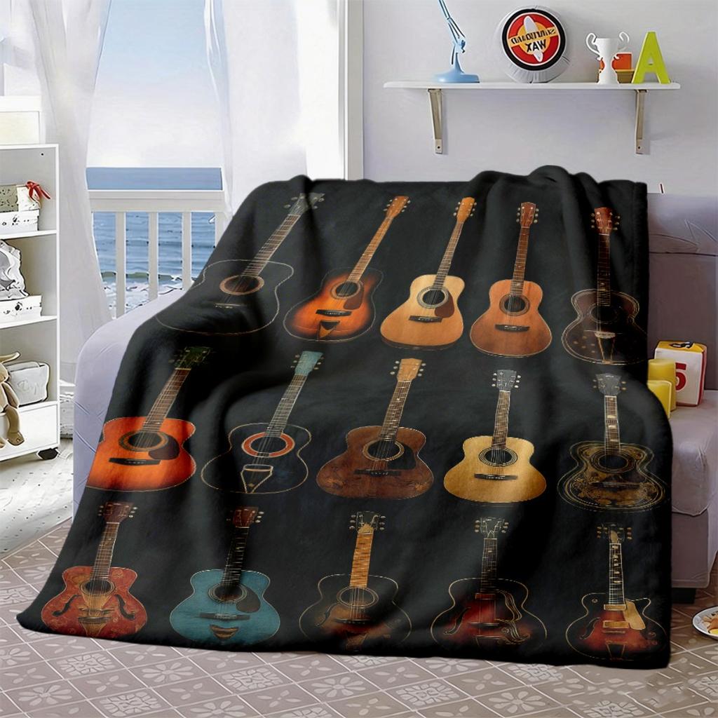 2026 New Arrivals 1pc Vintage Guitar-Themed Throw Blanket - Soft, Cozy Flannel with Colorful Acoustic Design - Perfect for Music Lovers, Sofa, Bed, Or