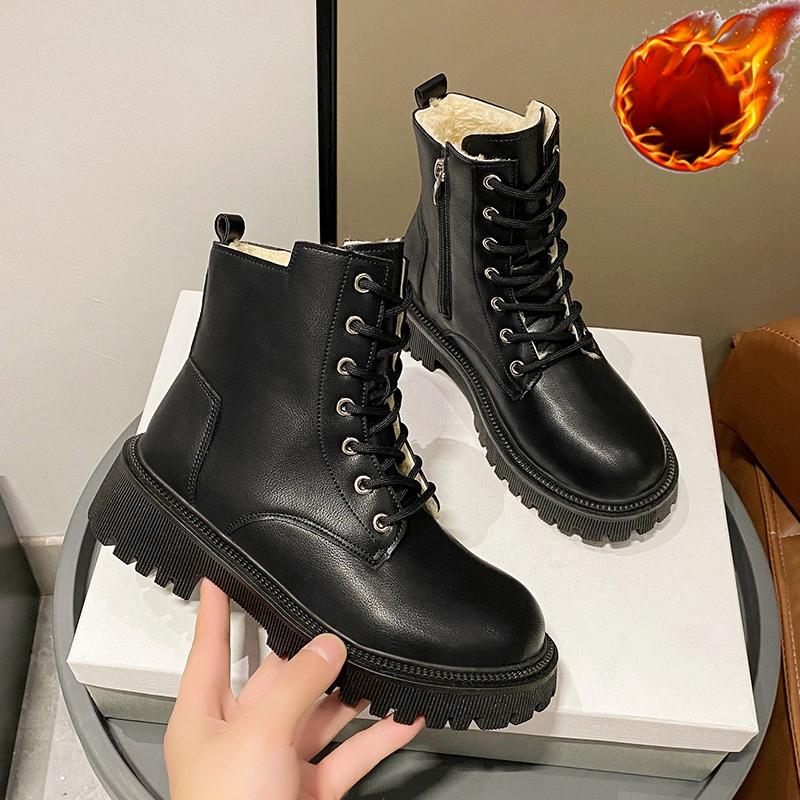 Women's Snow Boots Korean Version Fashionable Lace Up Work Boots Flat Black Shoes 2026 New Elegant Design Women's Chelsea Boots