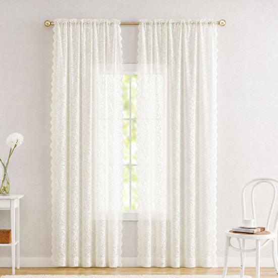 1 Panel Sheer Lace Curtain, Vintage Floral Lace Curtain with Rod Pocket, Light Filtering Window Curtain Panel for Living Room Bedroom Window Closet