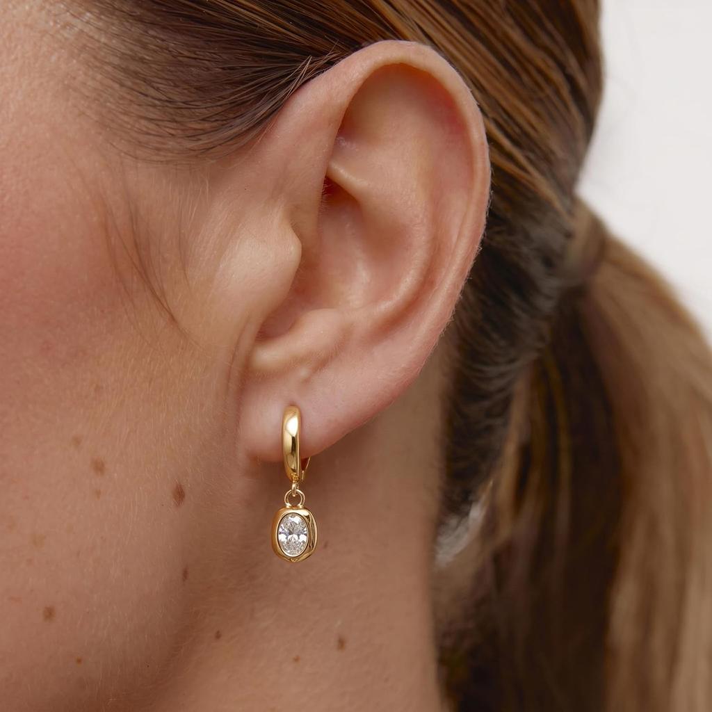 14K Gold Plated Dangle Hoop Earrings for Women Drop Jewelry Gifts | Trendy Chunky Statement Huggie Earring Cubic Zirconia Crystal Charm Lightweight