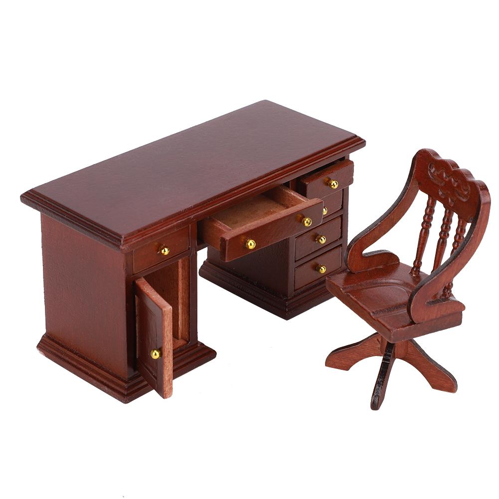 1:12 Mini Furniture Model Wooden Desk Chair Children"s Study Decoration Doll House AccessoriesDesk
