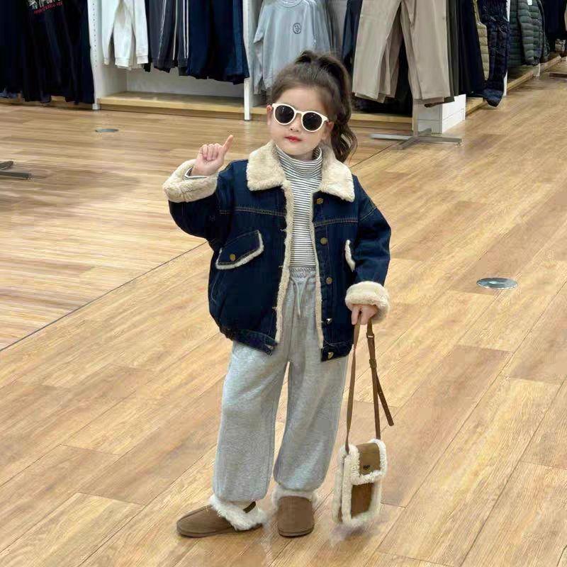 2024 Girls' Winter Fleece-Lined Denim Jacket & Pants Set