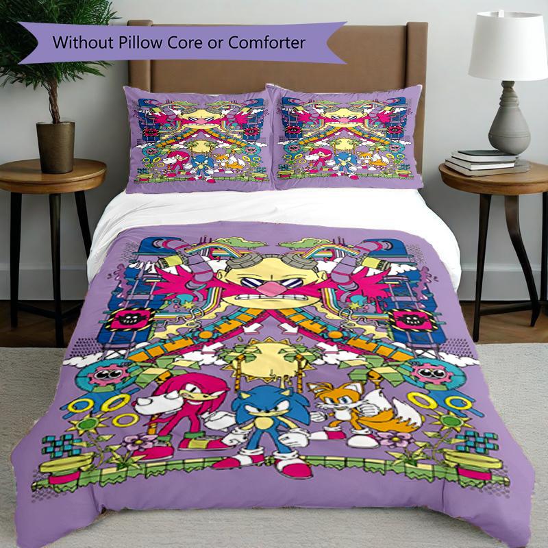3pcs Duvet Cover Set (1*Duvet Cover + 2*Pillowcase, Without Core), Sonic Print Bedding Set, Bedroom Decor, All‑Season, Birthday Gift