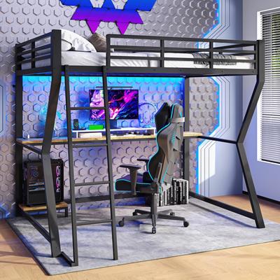 Bunk Bed Desk 90x200cm Children/Adults, Ambient Light, Sockets & USB, Metal Bed Frame Slatted Frame, Black (without Mattress)