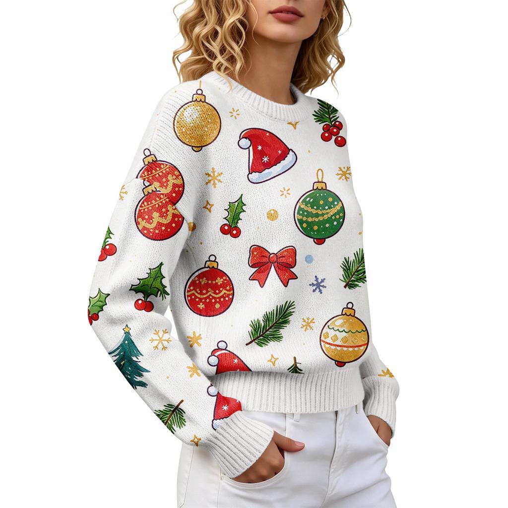 Women's Christmas Print Crewneck Long Sleeve Sweater for Fall Winter Casual Wear