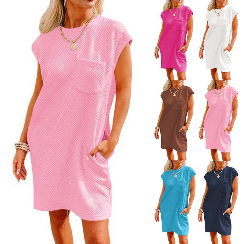 Summer Round Neck Pocket Short Sleeve Dress Women Elegant Loose A Line Pink Short Dress Woman Solid Vintage Casual Party Dresses 24496