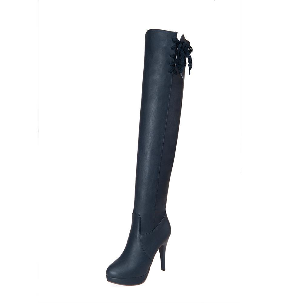 2019 new Korean version round head waterproof table bow lace side zipper stiletto casual women's knee boots