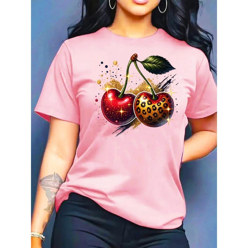 Summer  Round Neck Top Fashion Casual Loose Apple Print Simple Versatile T-Shirt Women Clothes